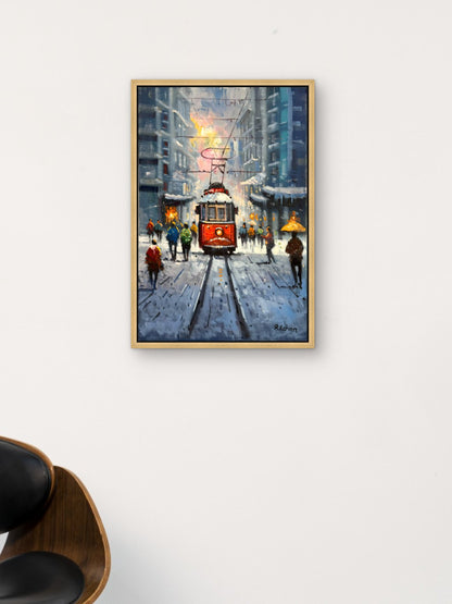 Karlı Tramvay Yağlı Boya Tablosu Simurg Sanatevi