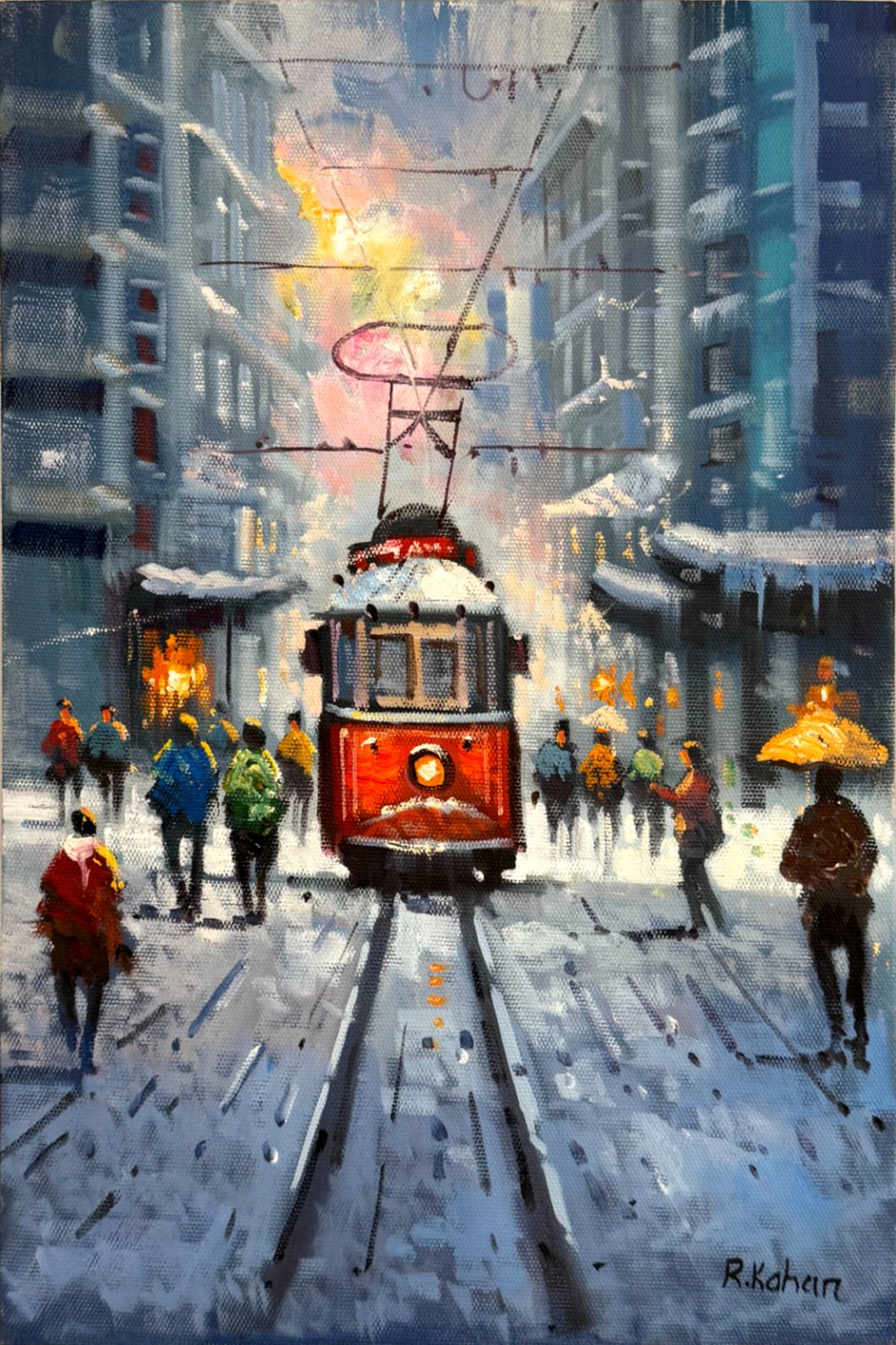 Karlı Tramvay Yağlı Boya Tablosu Simurg Sanatevi