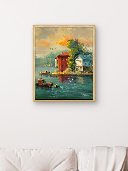 Kıyıdaki Evler Yağlı Boya Tablosu Simurg Sanatevi