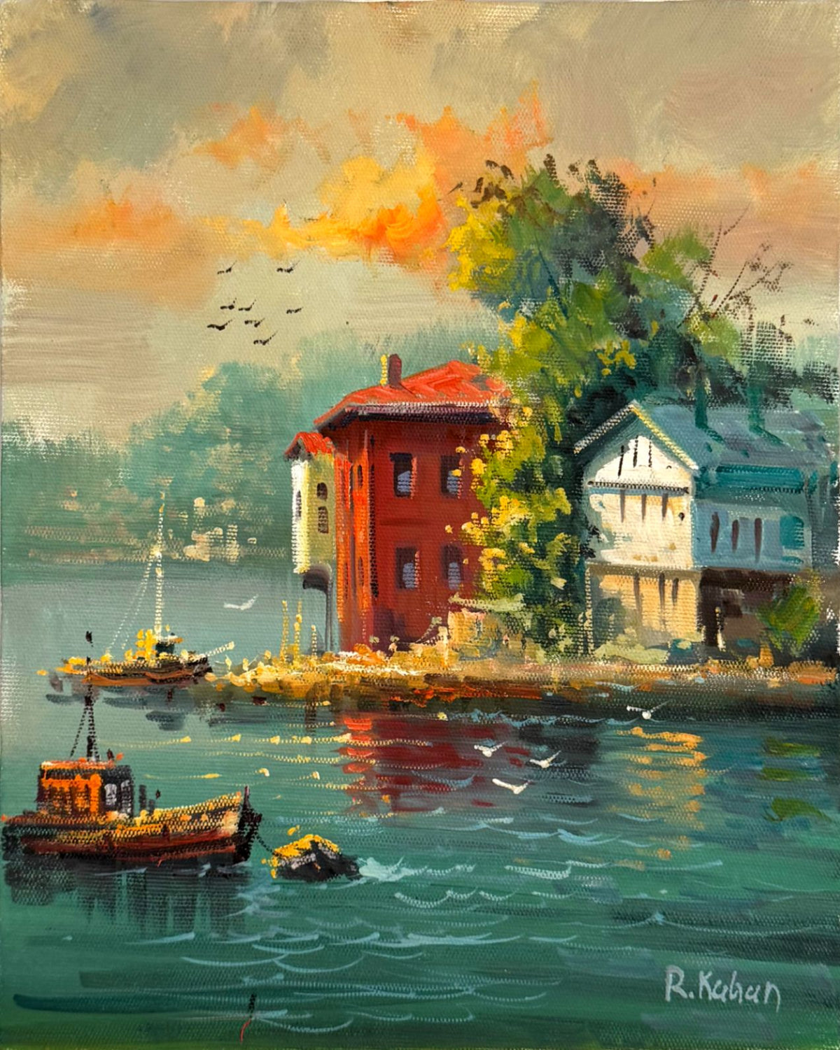 Kıyıdaki Evler Yağlı Boya Tablosu Simurg Sanatevi