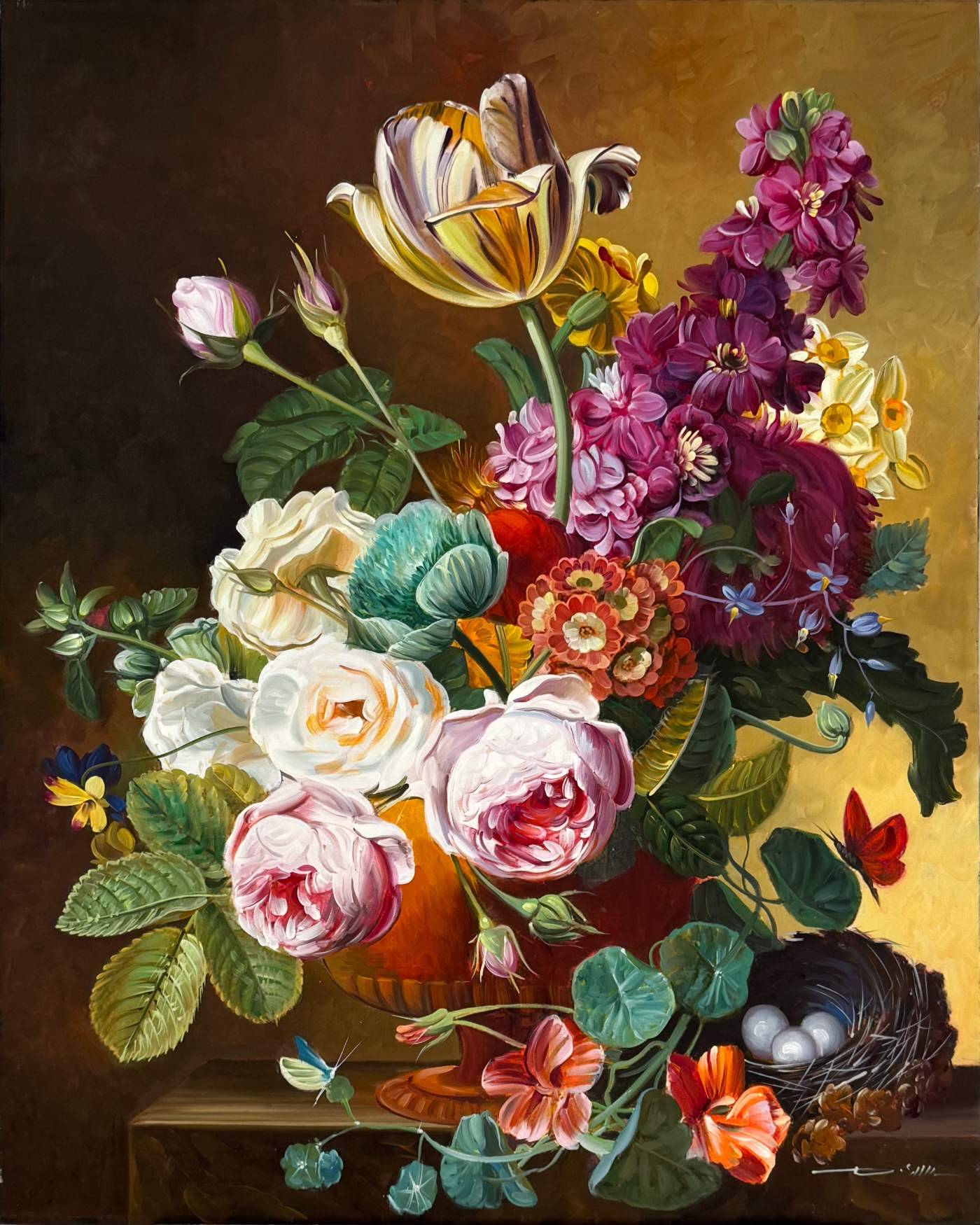 Altın Çağ Buketi Yağlı Boya Tablosu Simurg Sanatevi