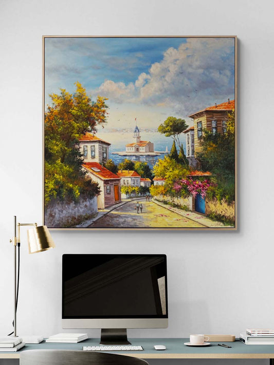 Maviye Çıkan Sokak Yağlı Boya Tablosu Simurg Sanatevi