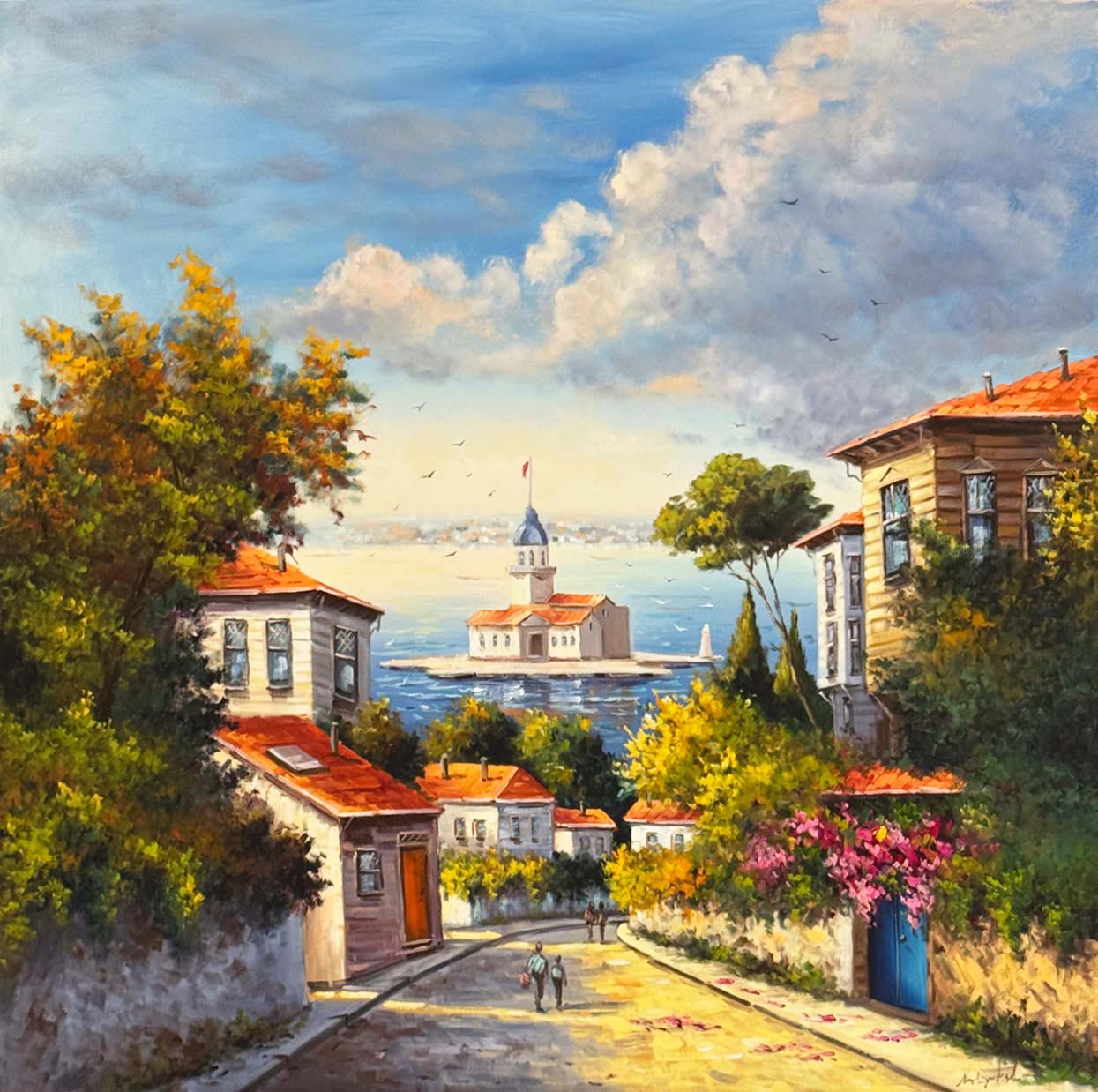 Maviye Çıkan Sokak Yağlı Boya Tablosu Simurg Sanatevi