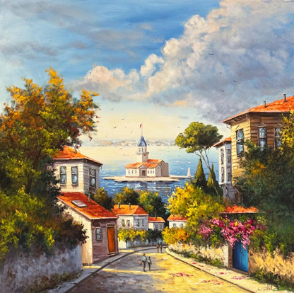 Maviye Çıkan Sokak Yağlı Boya Tablosu Simurg Sanatevi