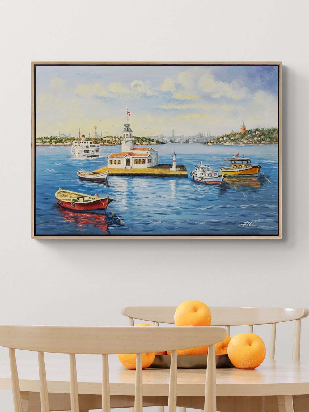 Kız Kulesi'nde Kayıklar Yağlı Boya Tablosu Simurg Sanatevi