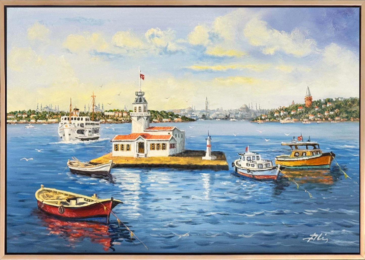 Kız Kulesi'nde Kayıklar Yağlı Boya Tablosu Simurg Sanatevi