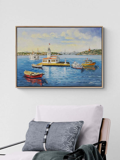 Kız Kulesi'nde Kayıklar Yağlı Boya Tablosu Simurg Sanatevi