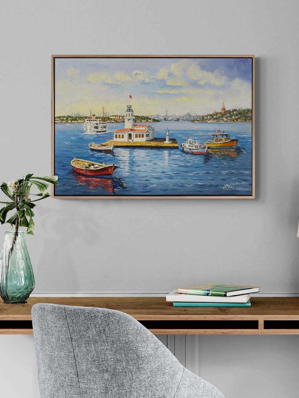 Kız Kulesi'nde Kayıklar Yağlı Boya Tablosu Simurg Sanatevi