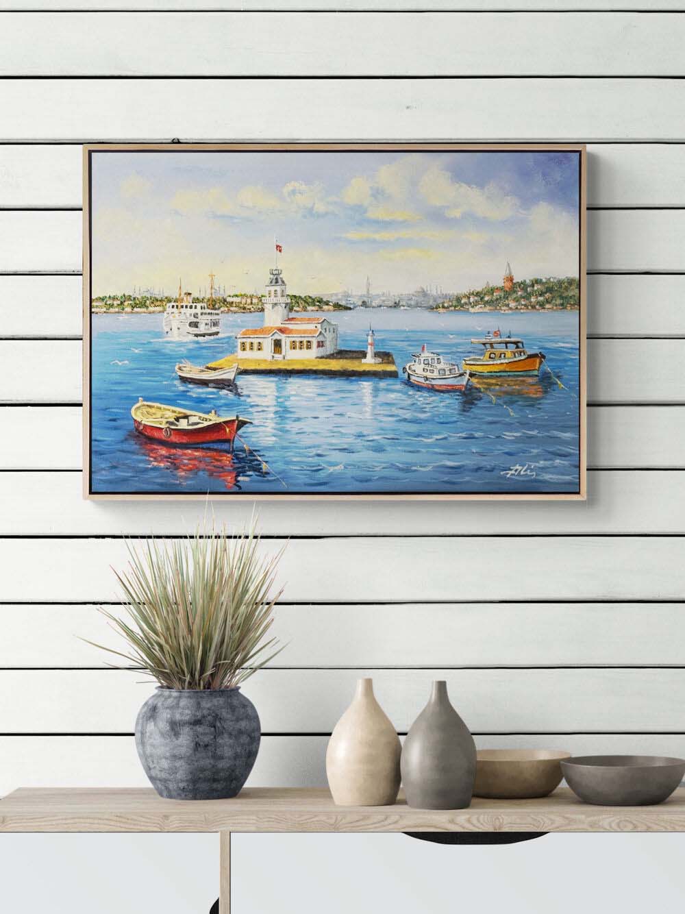 Kız Kulesi'nde Kayıklar Yağlı Boya Tablosu Simurg Sanatevi