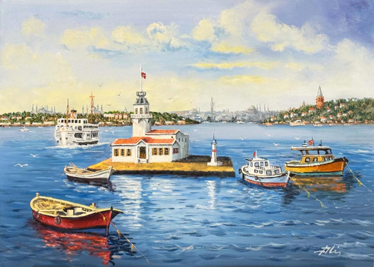 Kız Kulesi'nde Kayıklar Yağlı Boya Tablosu Simurg Sanatevi