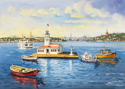 Kız Kulesi'nde Kayıklar Yağlı Boya Tablosu Simurg Sanatevi