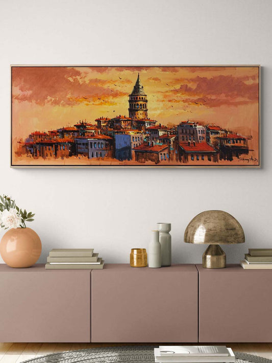 Kızıl Ufukta Galata Yağlı Boya Tablosu Simurg Sanatevi