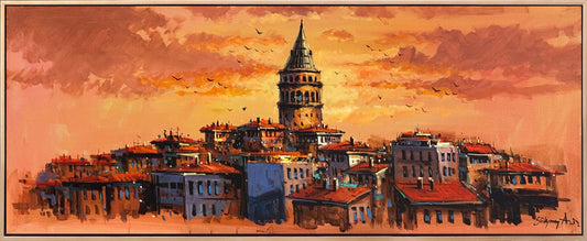 Kızıl Ufukta Galata Yağlı Boya Tablosu Simurg Sanatevi