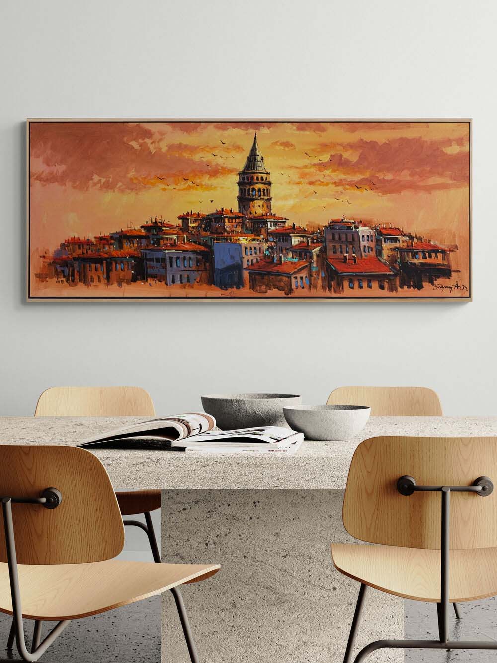 Kızıl Ufukta Galata Yağlı Boya Tablosu Simurg Sanatevi