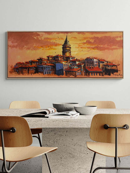 Kızıl Ufukta Galata Yağlı Boya Tablosu Simurg Sanatevi