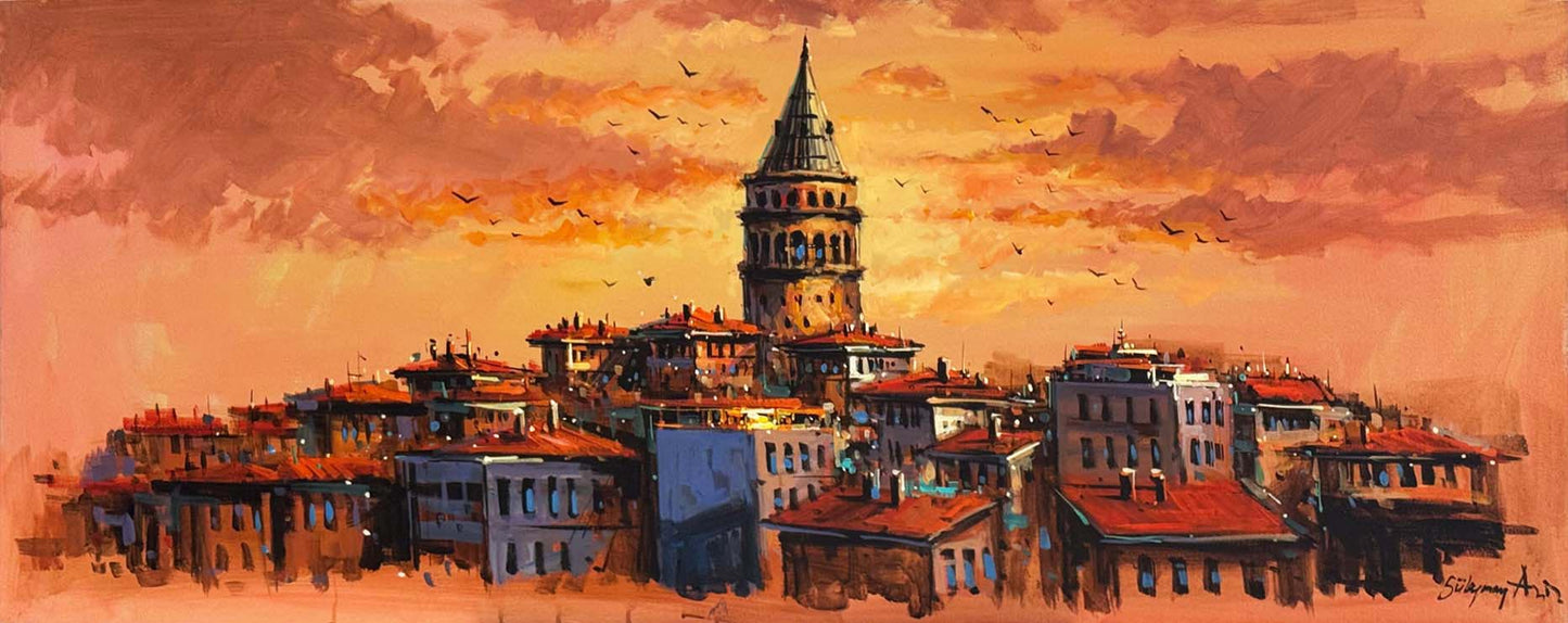 Kızıl Ufukta Galata Yağlı Boya Tablosu Simurg Sanatevi