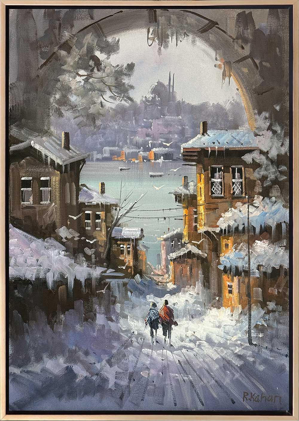 Karlı Sokaklarda Yürürken Yağlı Boya Tablosu