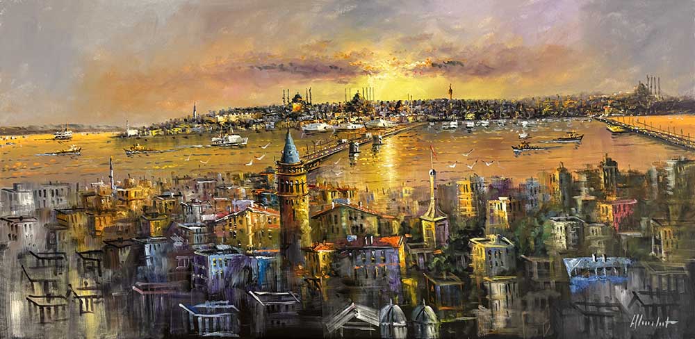 Boğazda Huzurlu Gün Batımı Yağlı Boya Tablosu