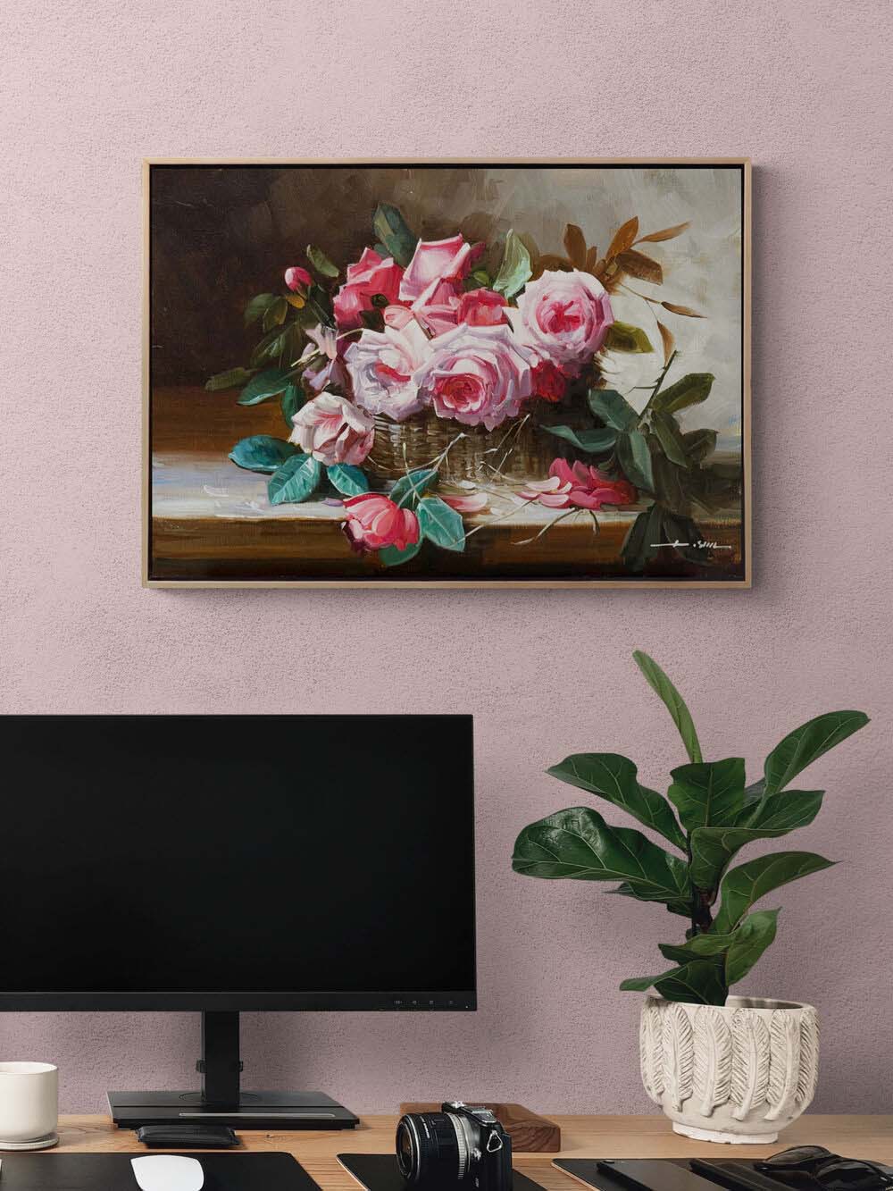 Pembe Gül Senfonisi Yağlı Boya Tablosu