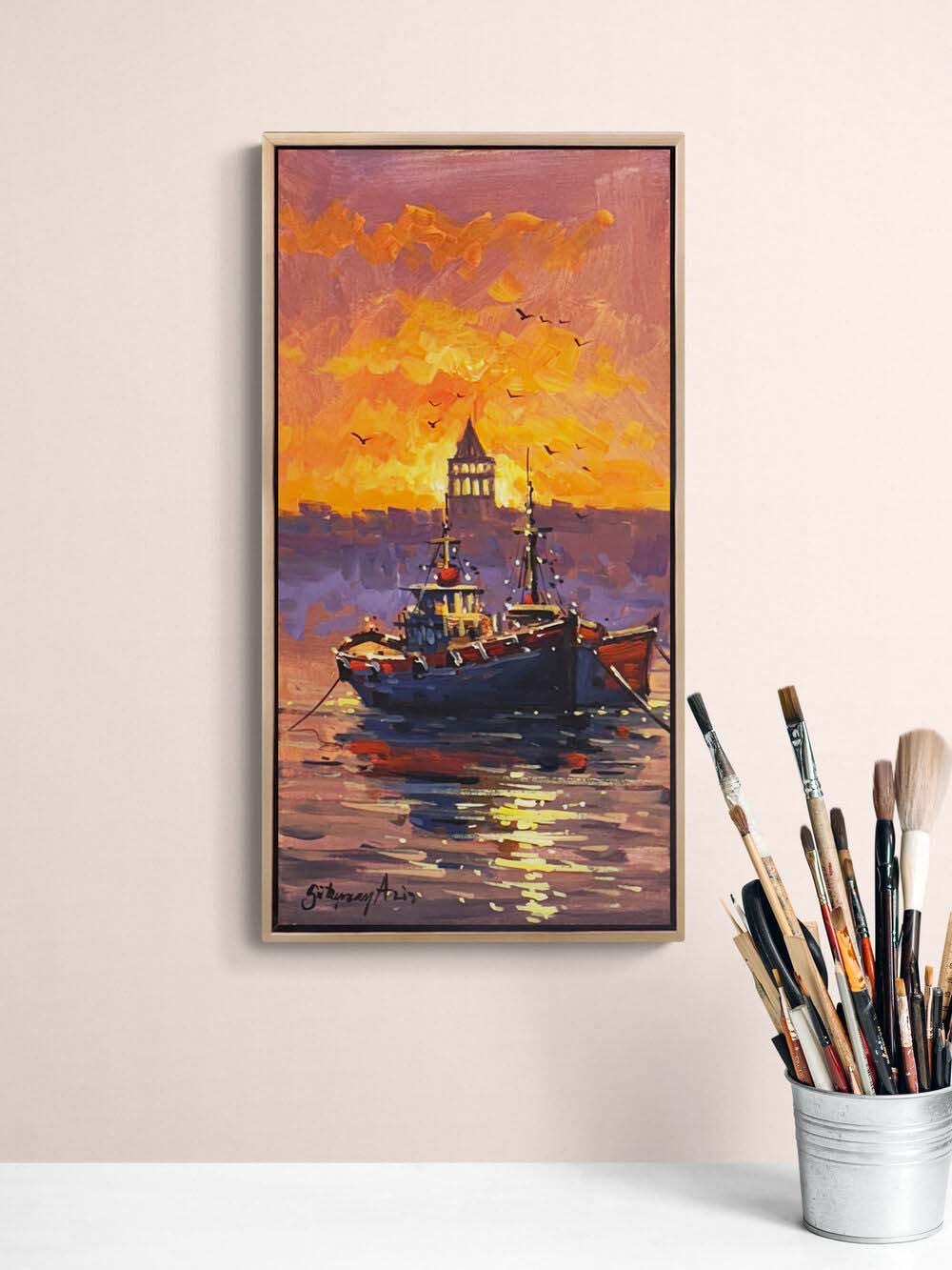 Galata'da Kızıl Günbatımı Yağlı Boya Tablosu Simurg Sanatevi