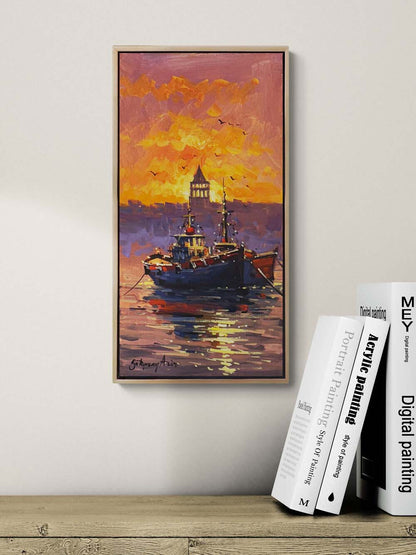 Galata'da Kızıl Günbatımı Yağlı Boya Tablosu Simurg Sanatevi