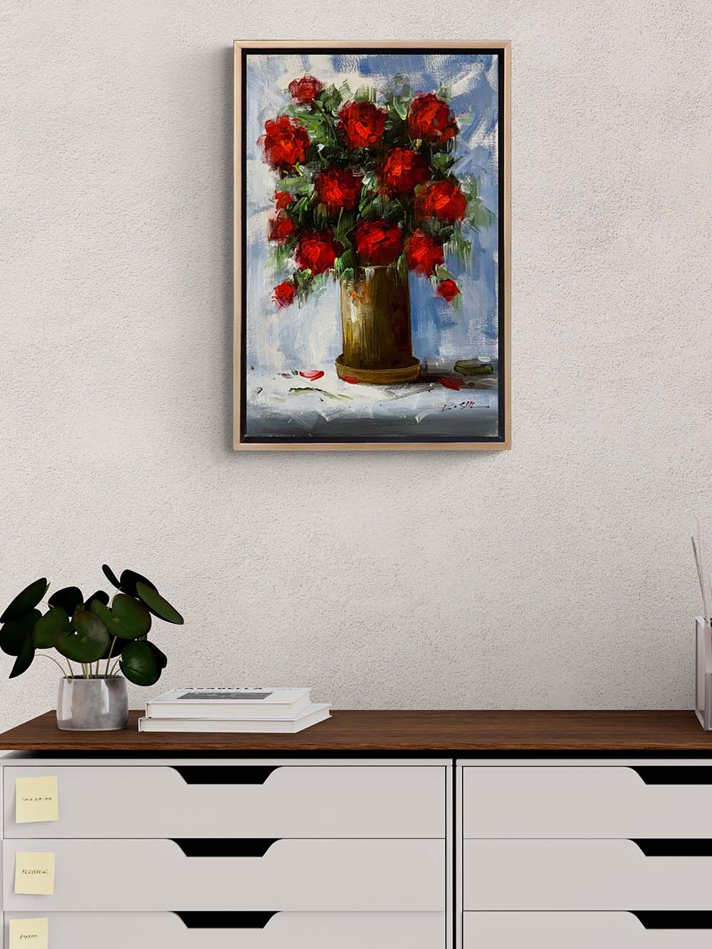 Vazonun İçinde Kırmızı Tutku Yağlı Boya Tablosu Simurg Sanatevi