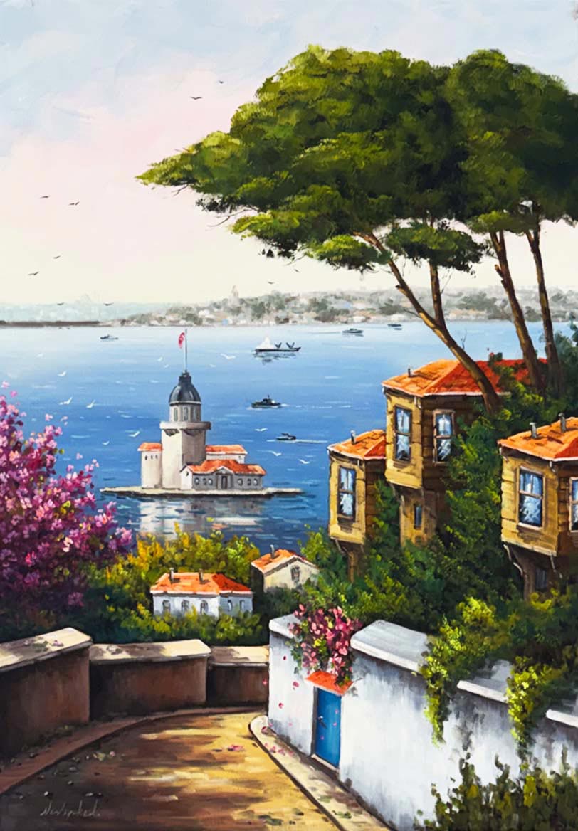 Yokuşun Ucunda Kız Kulesi Yağlı Boya Tablosu Simurg Sanatevi