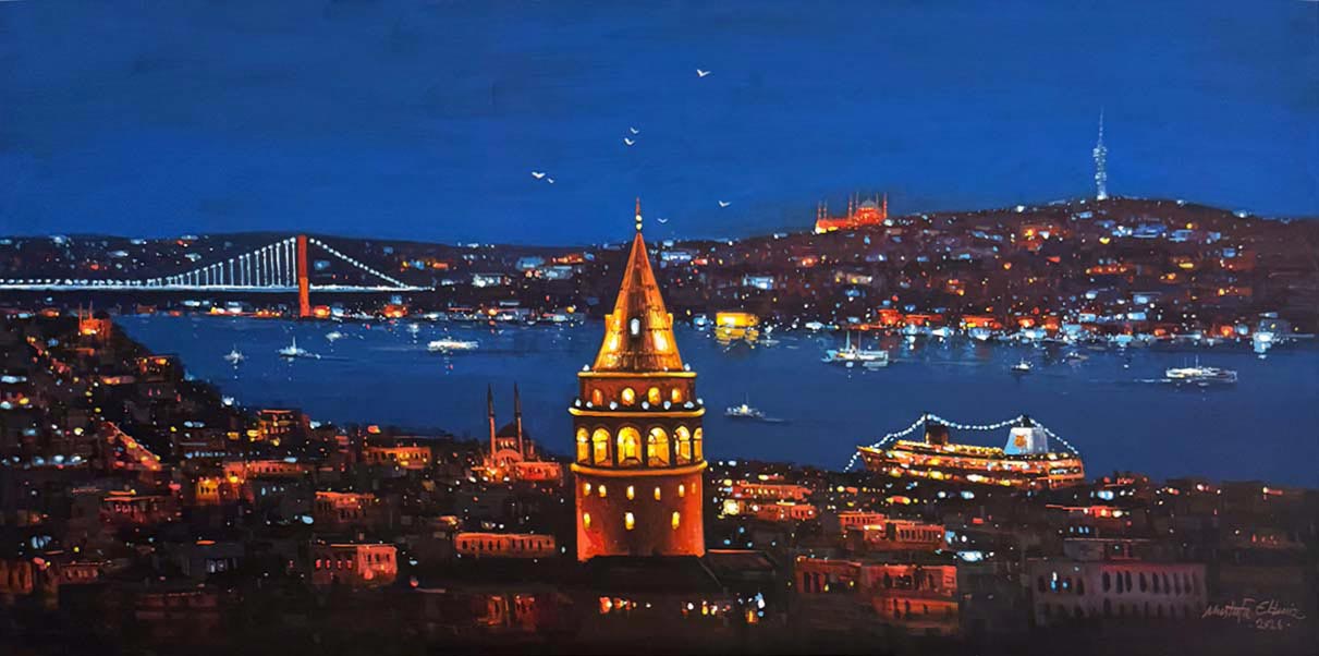Gecenin Silüeti Galata Yağlı Boya Tablosu Simurg Sanatevi