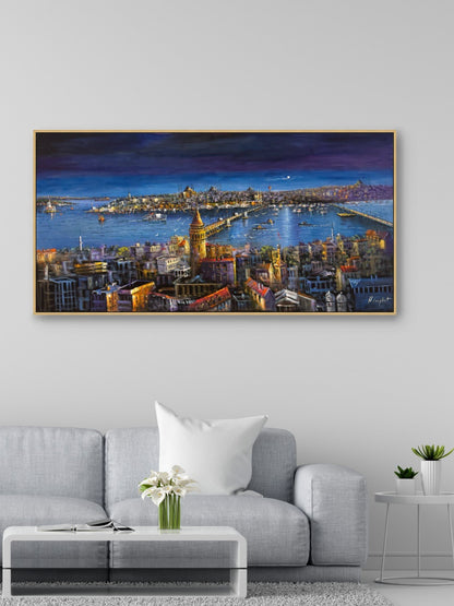 Galata ve Haliç'te Gün Batımı Yağlı Boya Tablosu Simurg Sanatevi