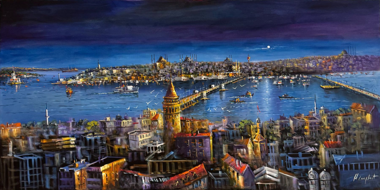 Galata ve Haliç'te Gün Batımı Yağlı Boya Tablosu Simurg Sanatevi