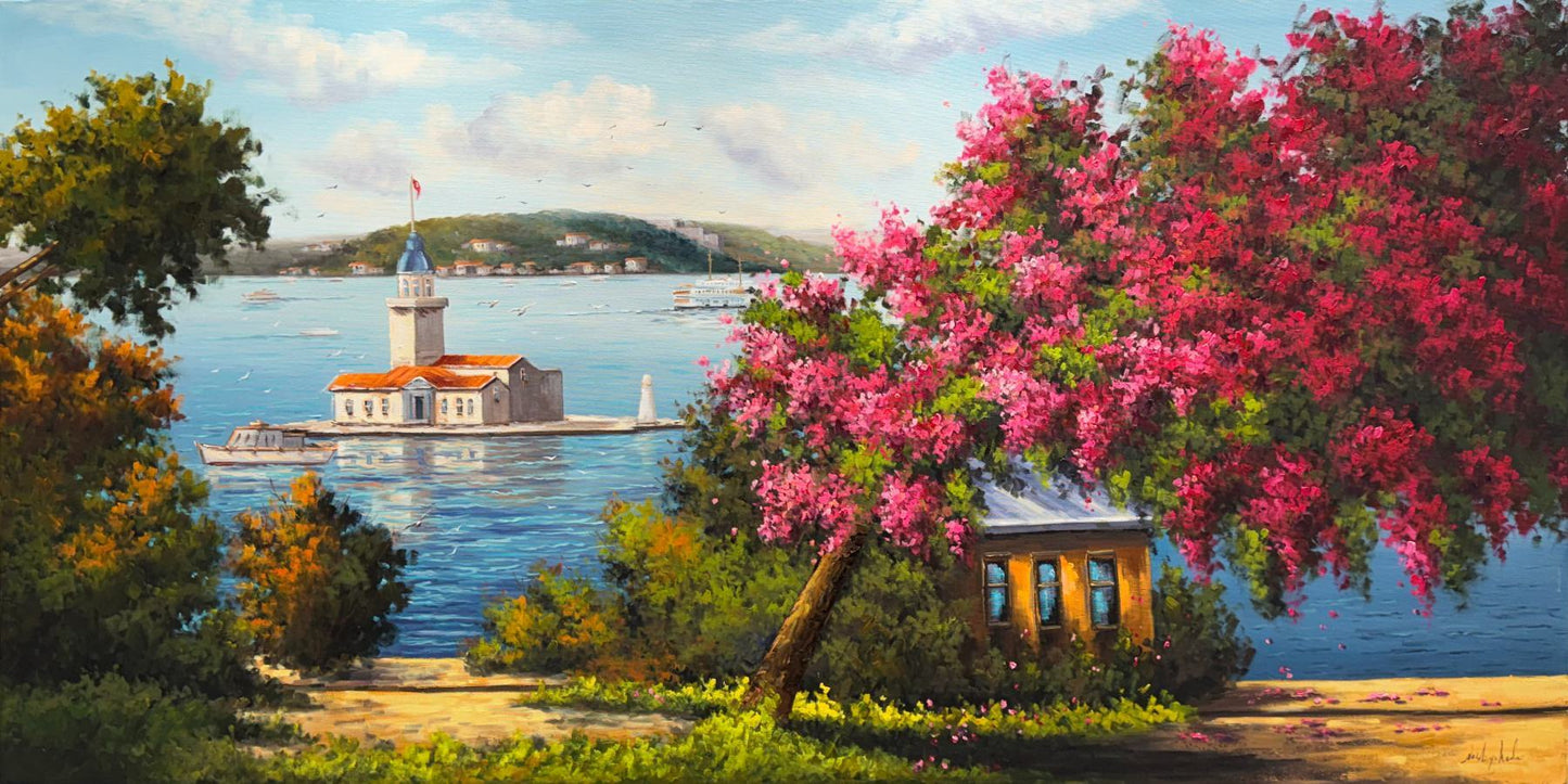 Erguvanlar Altında Kız Kulesi Yağlı Boya Tablosu Simurg Sanatevi