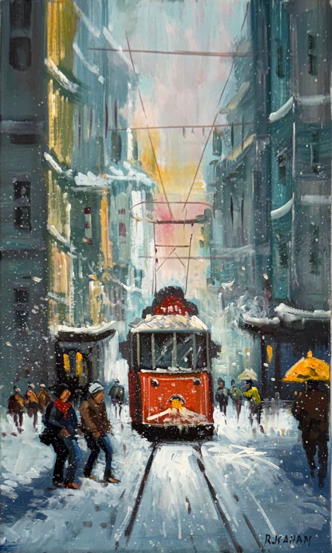 İstiklal Caddesi'nde Tramvay Yağlı Boya Tablosu Simurg Sanatevi