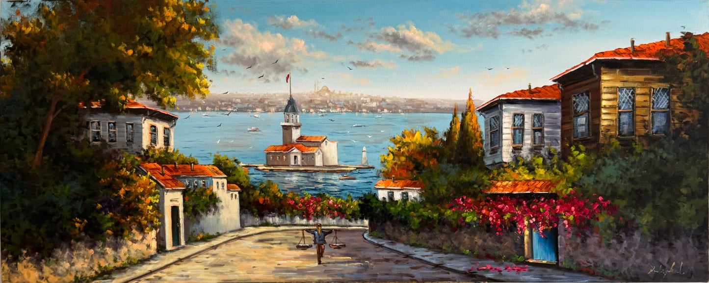 Eski Mahalleden Kız Kulesi Yağlı Boya Tablosu Simurg Sanatevi