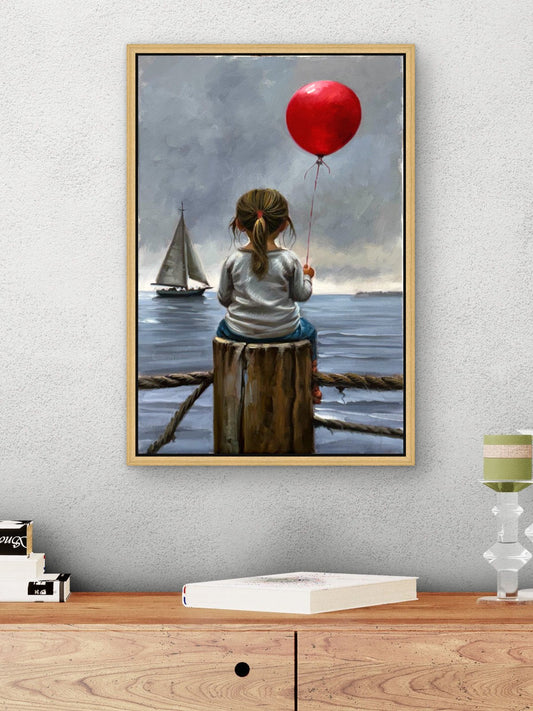 Kıyıdaki Kırmızı Balon Yağlı Boya Tablosu Simurg Sanatevi