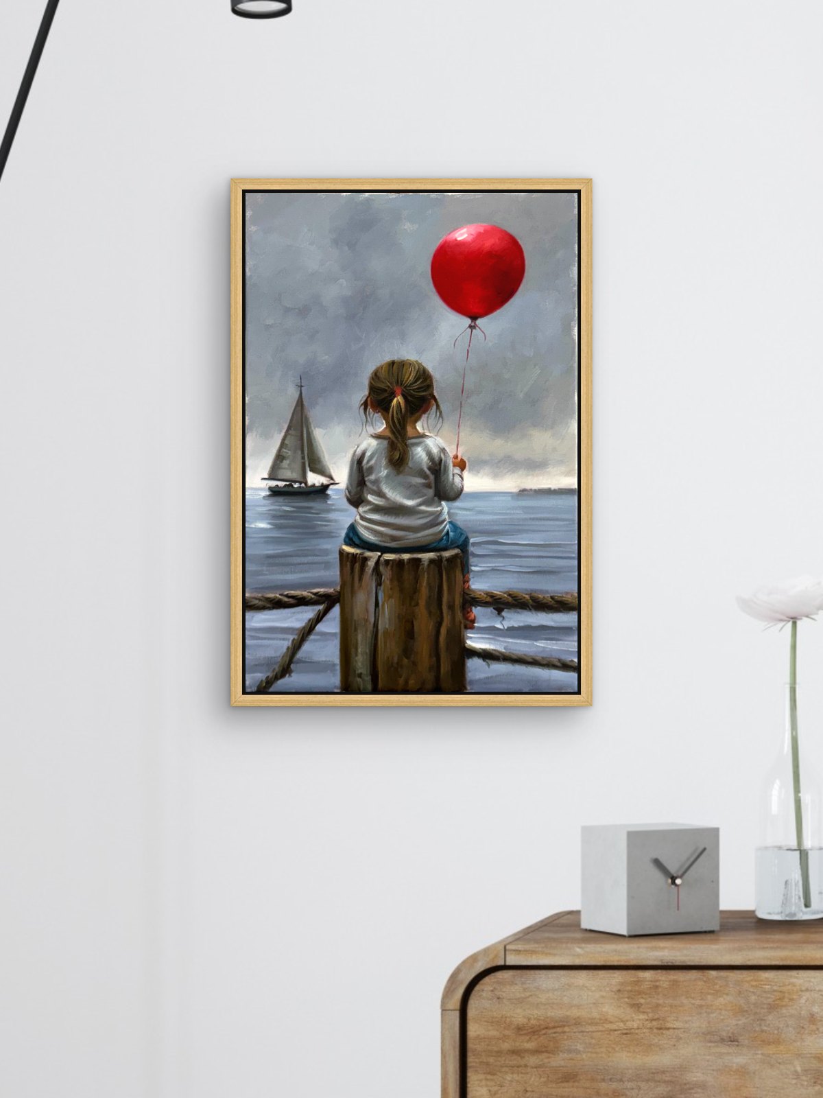 Kıyıdaki Kırmızı Balon Yağlı Boya Tablosu Simurg Sanatevi