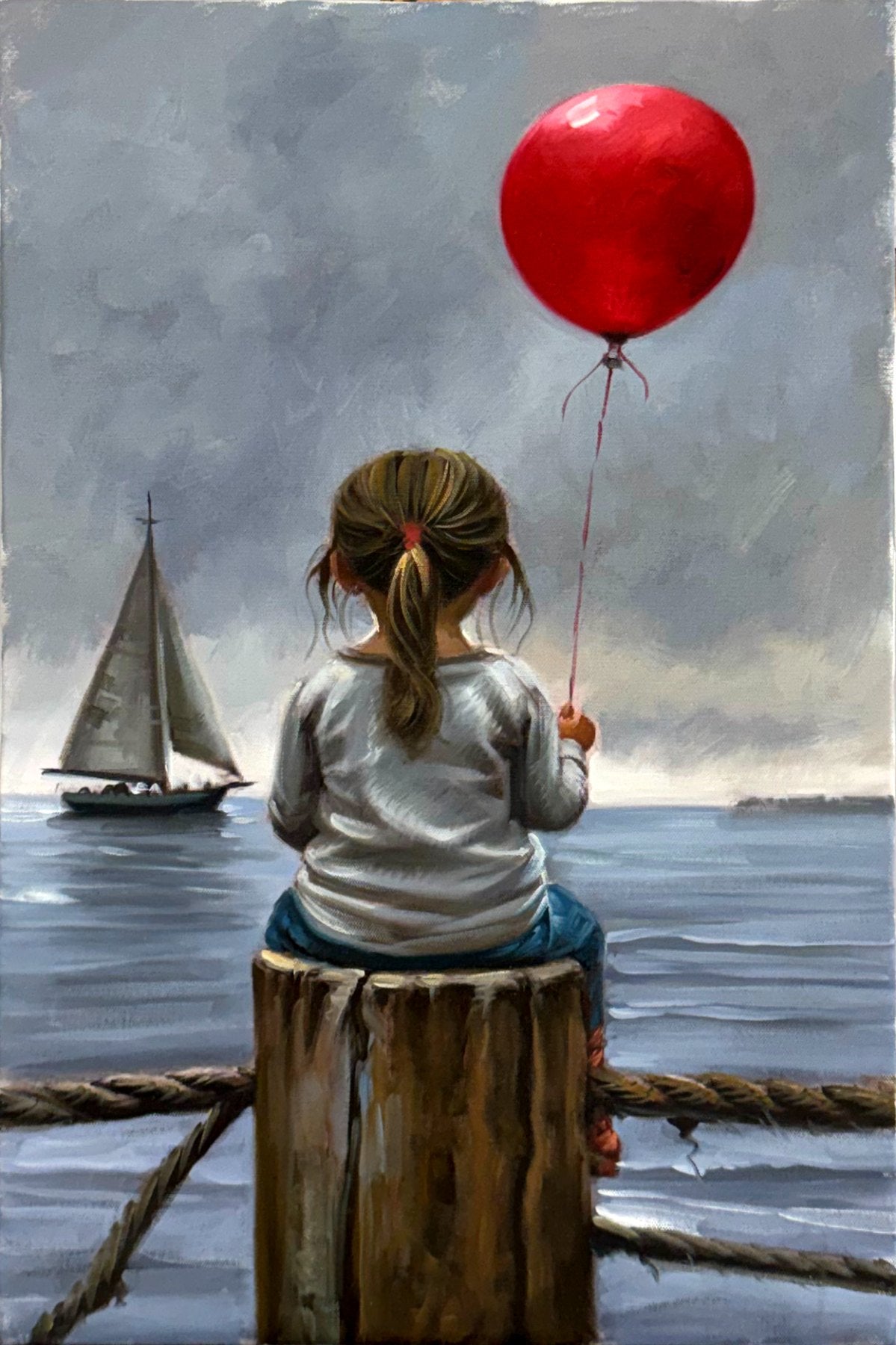 Kıyıdaki Kırmızı Balon Yağlı Boya Tablosu Simurg Sanatevi