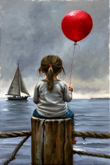 Kıyıdaki Kırmızı Balon Yağlı Boya Tablosu Simurg Sanatevi
