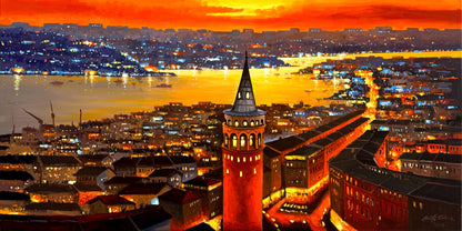 Galata'da Günbatımı Yağlı Boya Tablosu Simurg Sanatevi