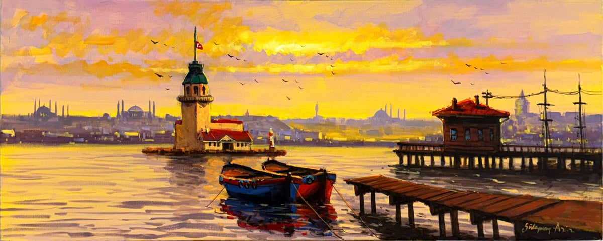Kız Kulesi'nde Gün Batımı Yağlı Boya Tablosu Simurg Sanatevi