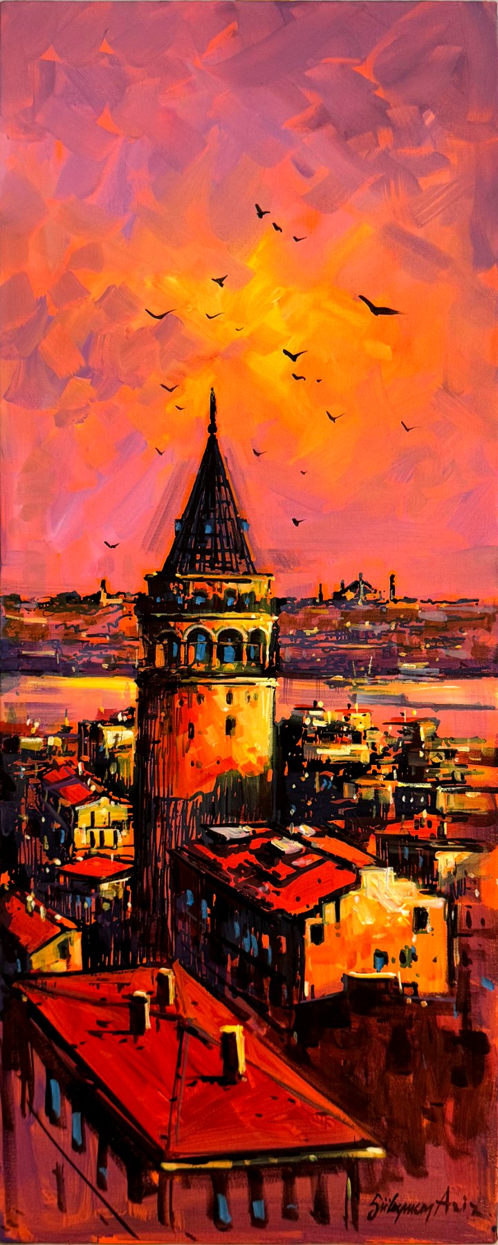 Gün Batımında Tarihi Kule Yağlı Boya Tablosu Simurg Sanatevi