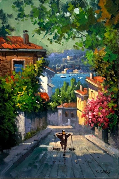 Yokuşlu Yeşil Sokak Yağlı Boya Tablosu Simurg Sanatevi