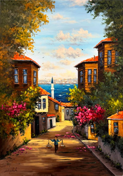 Yokuştan Mavi Sulara Yağlı Boya Tablosu Simurg Sanatevi