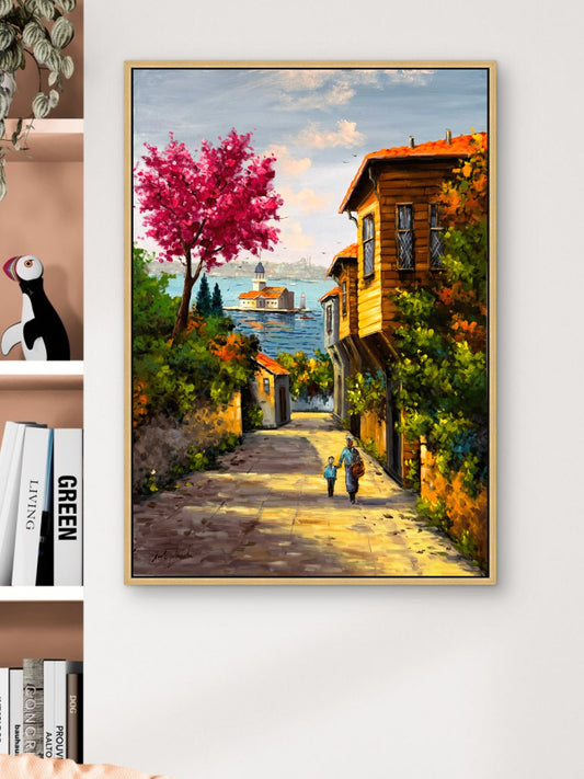 Çiçekli Yokuş Yağlı Boya Tablosu Simurg Sanatevi