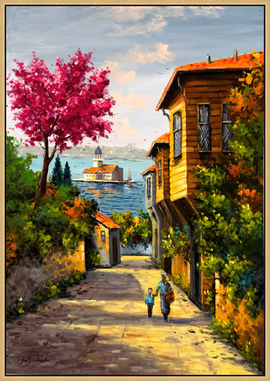 Çiçekli Yokuş Yağlı Boya Tablosu Simurg Sanatevi