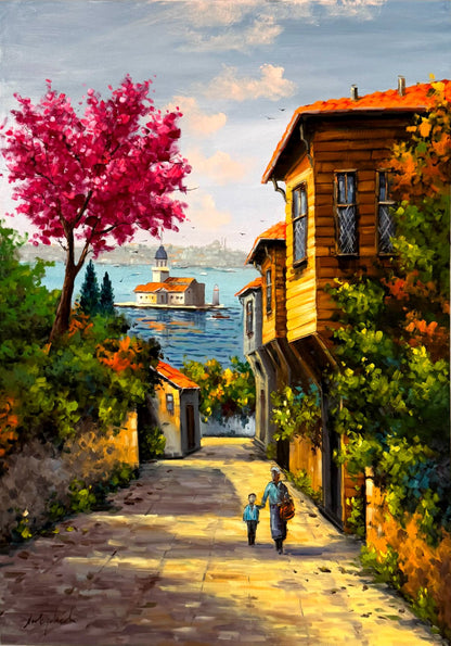 Çiçekli Yokuş Yağlı Boya Tablosu Simurg Sanatevi