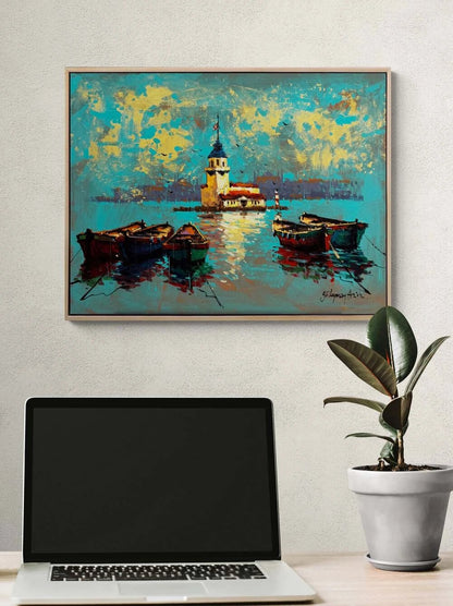 Kız Kulesinde Sandallar Yağlı Boya Tablosu