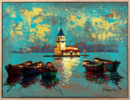 Kız Kulesinde Sandallar Yağlı Boya Tablosu