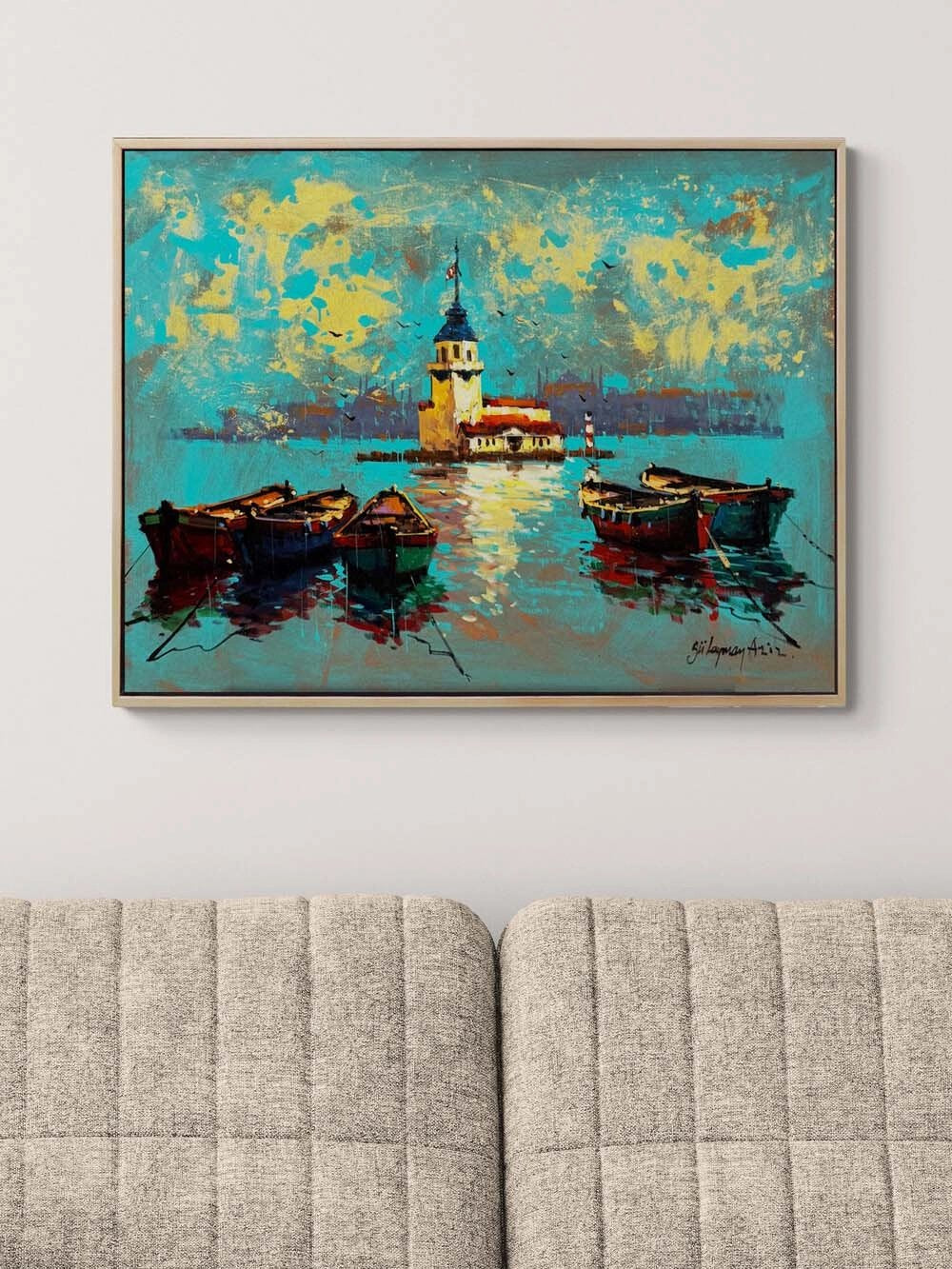 Kız Kulesinde Sandallar Yağlı Boya Tablosu