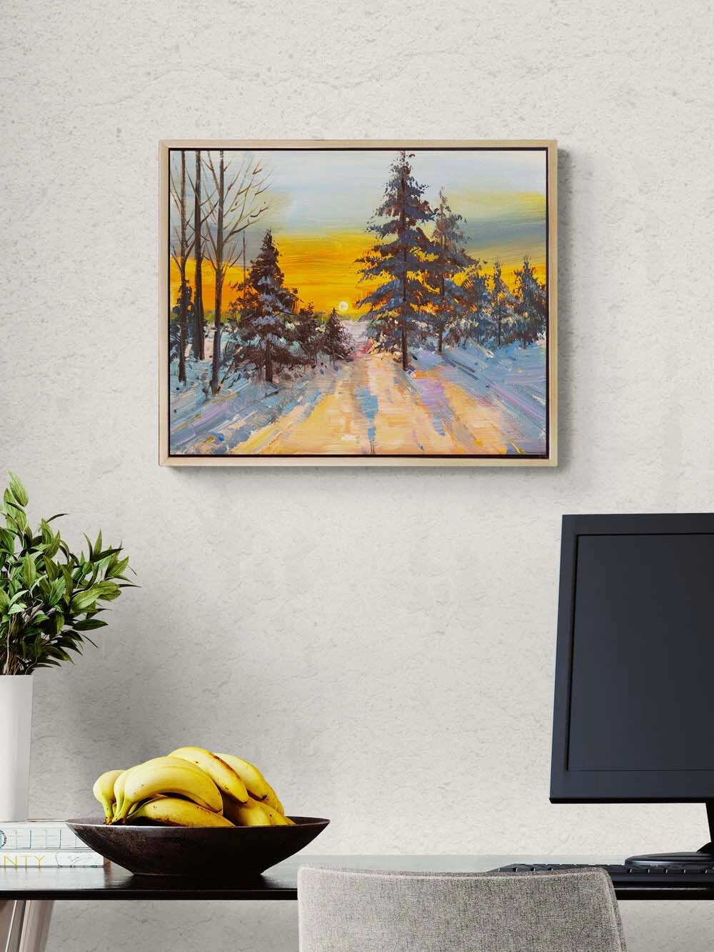 Kar Altında Gün Batımı Yağlı Boya Tablosu