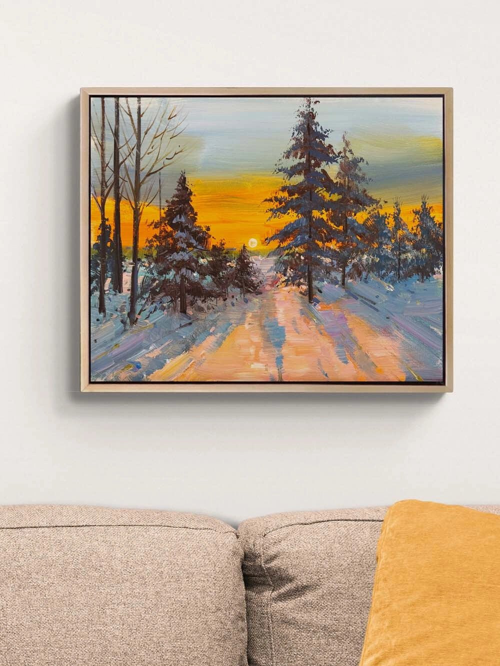 Kar Altında Gün Batımı Yağlı Boya Tablosu